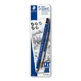 Staedtler Mars Lumograph Aquarell Dereceli Kalem Karakalem Eskiz Çizim Seti 5'li + Fırça Metal Kutu - 1