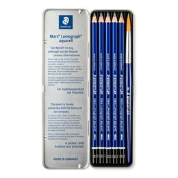 Staedtler Mars Lumograph Aquarell Dereceli Kalem Karakalem Eskiz Çizim Seti 5'li + Fırça Metal Kutu