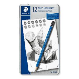 Staedtler Mars Lumograph Dereceli Kalem Karakalem Eskiz Çizim Seti 12'li Metal Kutu (6B-4H)