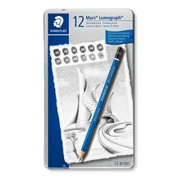 Staedtler Mars Lumograph Dereceli Kalem Karakalem Eskiz Çizim Seti 12'li Metal Kutu (8B-2H) - Thumbnail