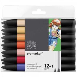 Winsor & Newton ProMarker Kalem Seti 12+1 Renk GENİŞLETİLMİŞ MANGA SETİ 1 - 1