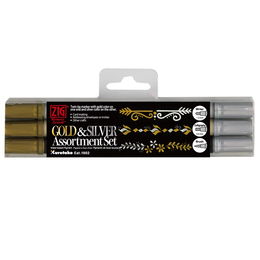 Zig Gold & Silver Metalik Kaligrafi Yazı Kalemi Seti 3'lü (Fırça Uç, Kesik Uç, Yuvarlak Uç) - 1