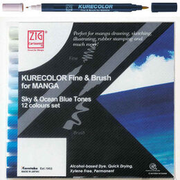 Zig Kurecolor Fine & Brush for MANGA Marker Çizim Kalemi Seti 12 Renk Sky & Ocean Blue Tones